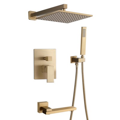 Brushed Gold Finish wall mounted Concealed Bathroom rain Shower mixer Tap set